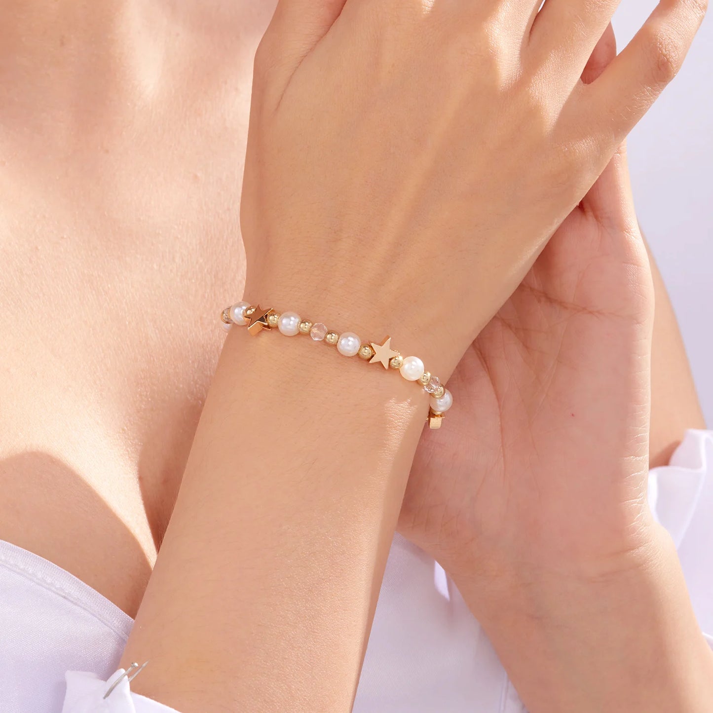 Classic Handmade White Beaded Cross Heart Star Fashion Simple Versatile Gold Women Bracelet Jewelry