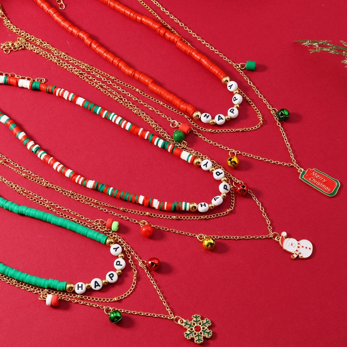 2pcs Trendy Polymer Clay Letters HAPPY Bead Snowflake Snowman Charm Multi-layer Women Necklace Set