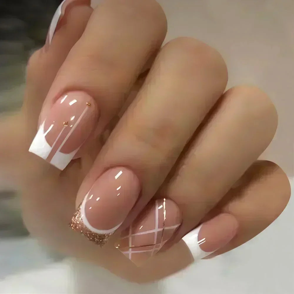 24Pcs Short Square Coffin French Glitter Acrylic Fake Nails Tip with Glue Women Press on Nails Gift