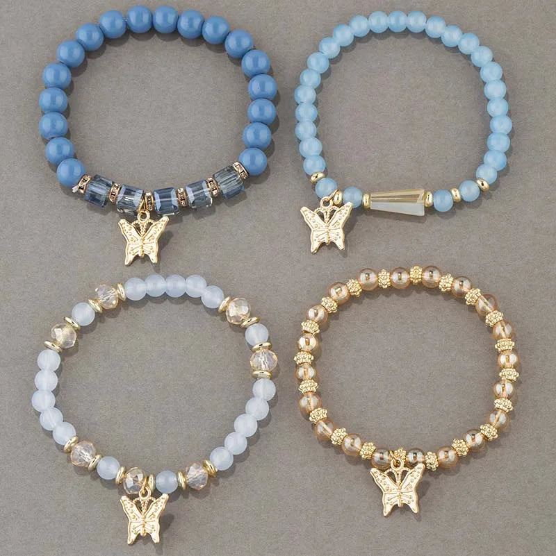 4pcs Trendy Butterfly Beaded Acrylic Beads Bohemian Elastic Chain Gold Women Bracelet Set Bangle Set