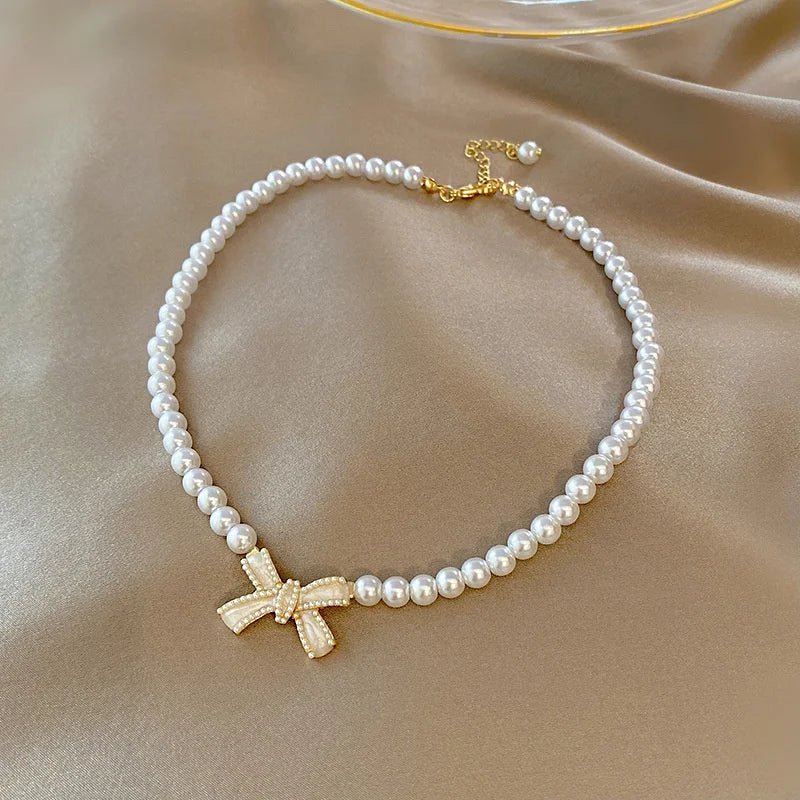 Aesthetic Pearl Bead Butterfly Bow Korean Fashion Planet Heart Pendant Women Necklace Choker Jewelry