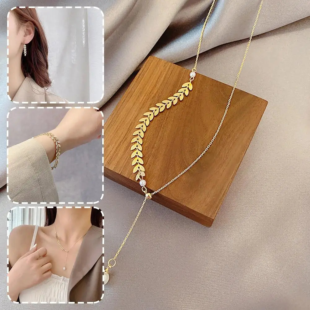 New Simple Wheat Ear Pearl Temperament Lucky Gold Charm Women Bracelet Necklace Earrings Jewelry Set