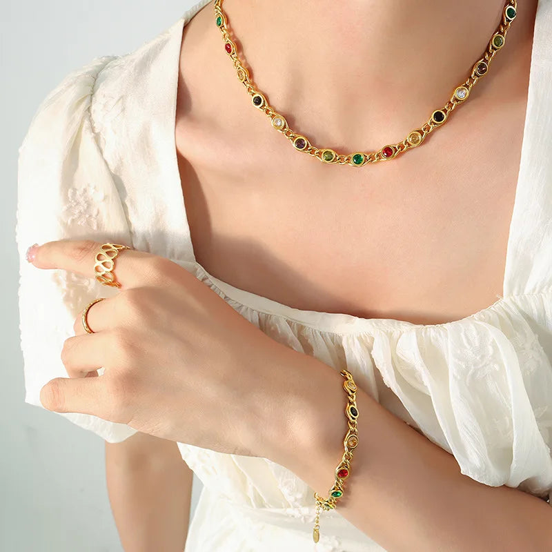 Colorful Zircon Fashion Copper Gold Women Necklace Bracelet Jewelry Set Jewelry Gifts
