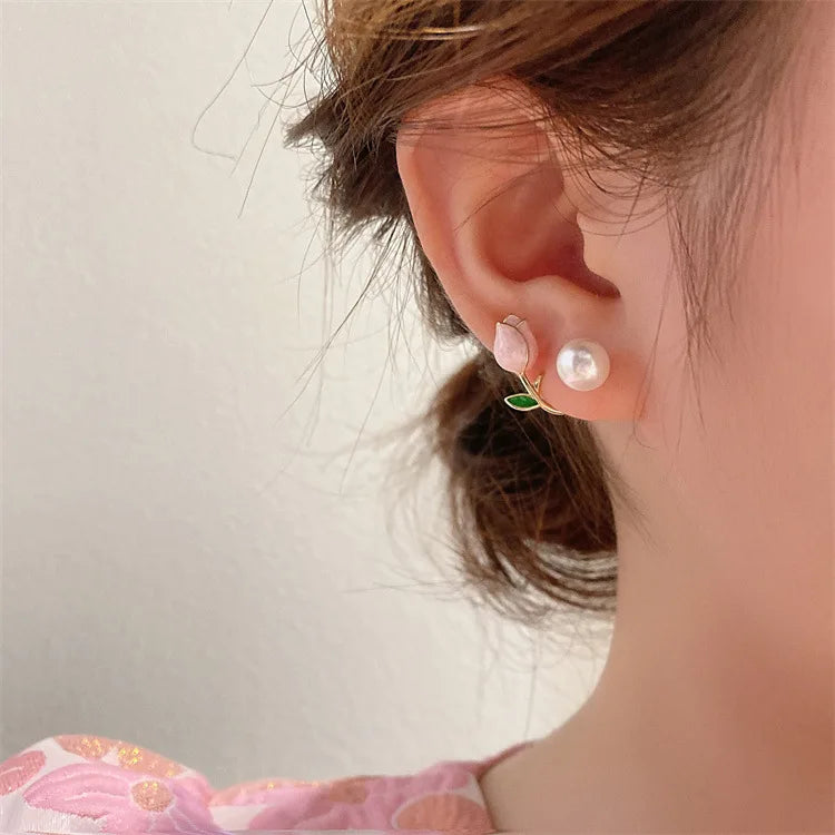 Sweet Fashion Enamel Pearl Tulip Flower Korean Zircon Back Hanging Gold Women Earrings Jewelry Gifts