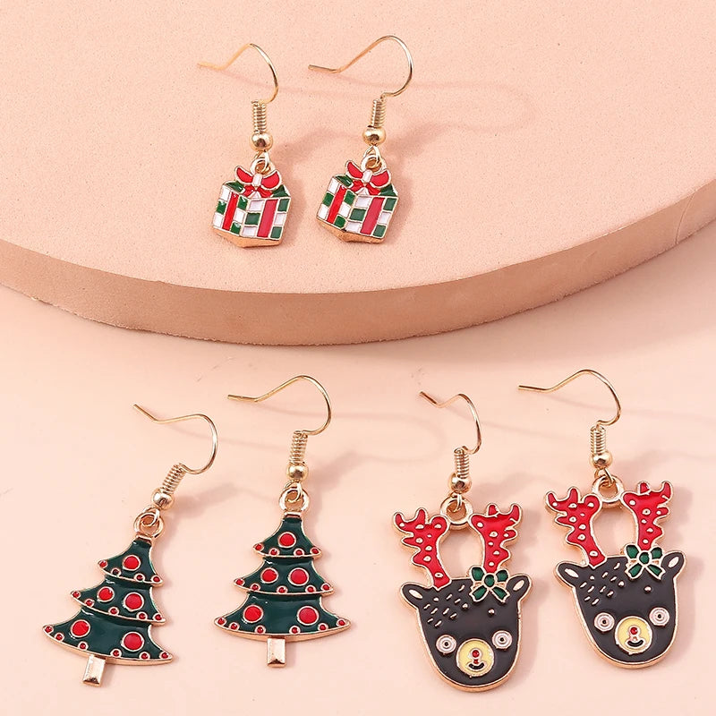New Fashion Merry Christmas Tree Deer Santa Drop Dangle Beads Gold Women Earrings Jewelry Gifts