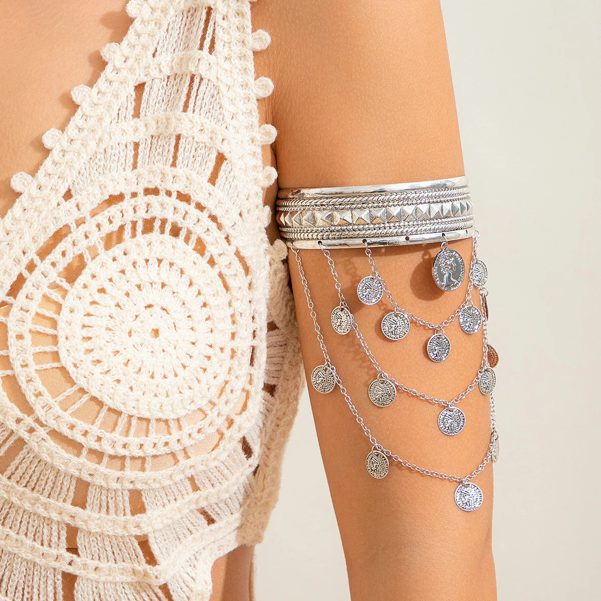 Trendy Metal Coin Leaf Chain Tassel Gold Silver Women Upper Arm Bangle Cuff Bracelet Armlet Armband