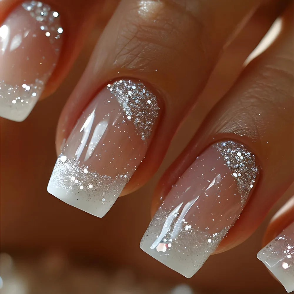 24pcs Simple Square Jelly Glue Gradient French Press on Fake False Nails Short Full Cover Nail Tips