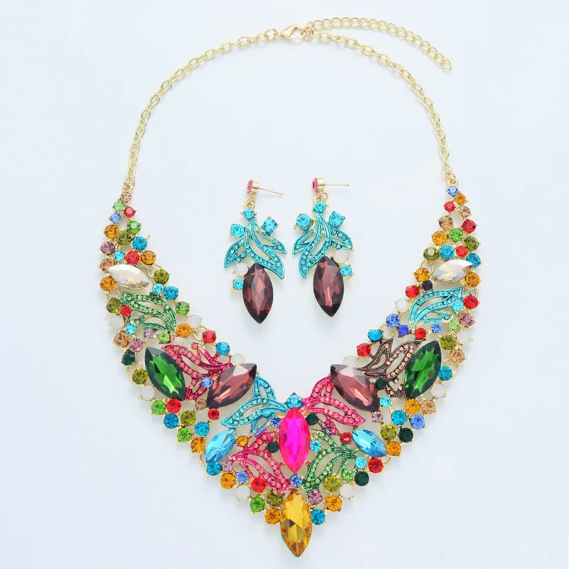 Geometric Colorful Crystal Glass Exaggerated Semi-precious Stone Earrings Necklace Jewelry Set Gift