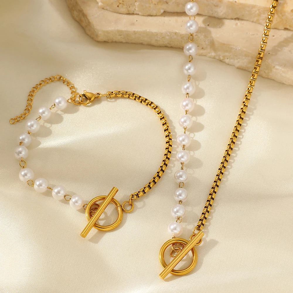 Trendy Elegant Design Splicing Pearl Chain Light Luxury Pendant Necklace Bracelet Women Jewelry Set