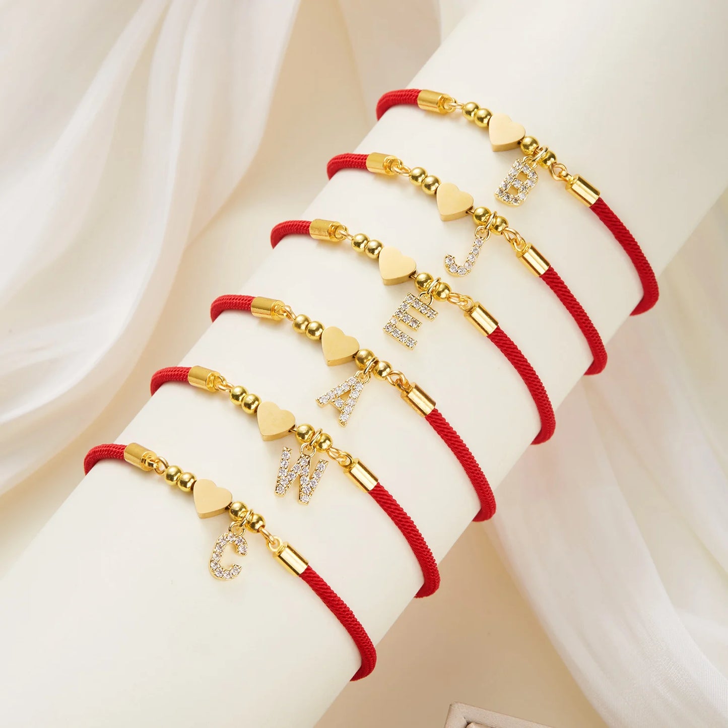 Gold Crystal Zircon A-Z Heart Initial Letter Charm Lucky Red Adjustable Rope Women Bracelet Jewelry