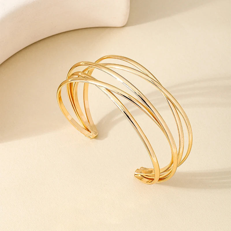 Fashion Open Wide Metal Layered Wrist Cuff Wrap Vintage Gold Silver Women Bangle Bracelet Jewelry