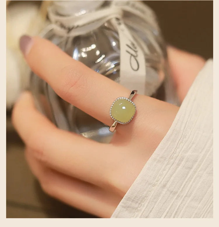 New Imitation Jade Retro Fashion Sweet Finger Simple Adjustable Open Gold Women Rings Jewelry Gift