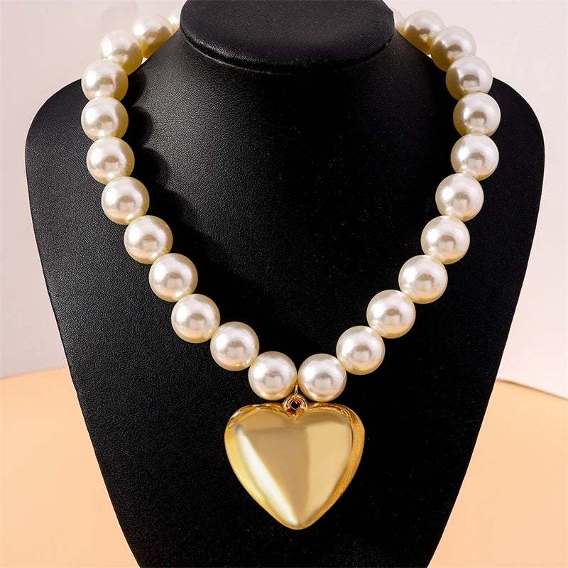 Elegant Trendy Cool Imitation Pearl Big Love Heart Pendant Gold Women Necklace Jewelry Gifts