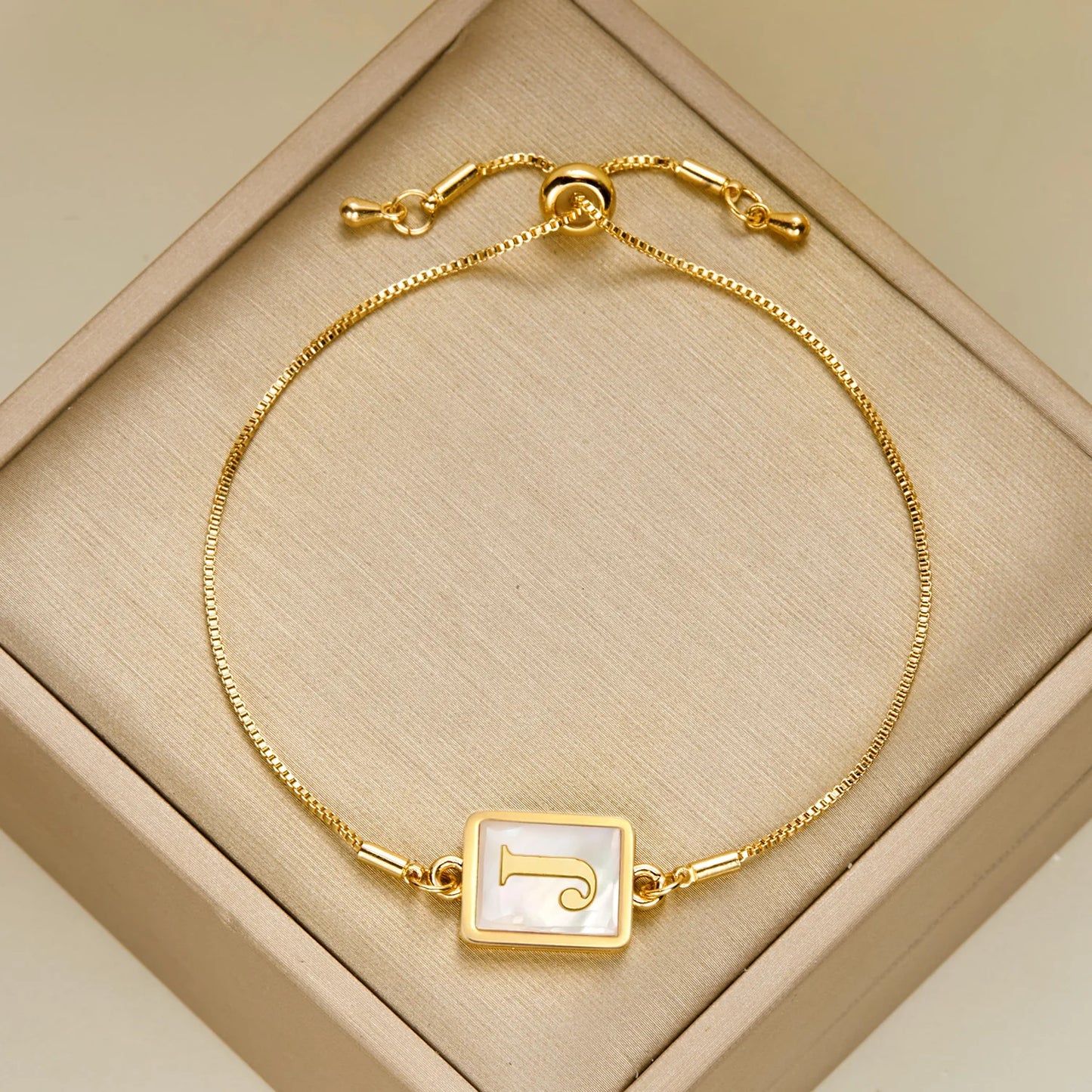 Luminous Square White Shell 26 Alphabet A-Z Initials Letters Adjustable Chain Gold Women Bracelet