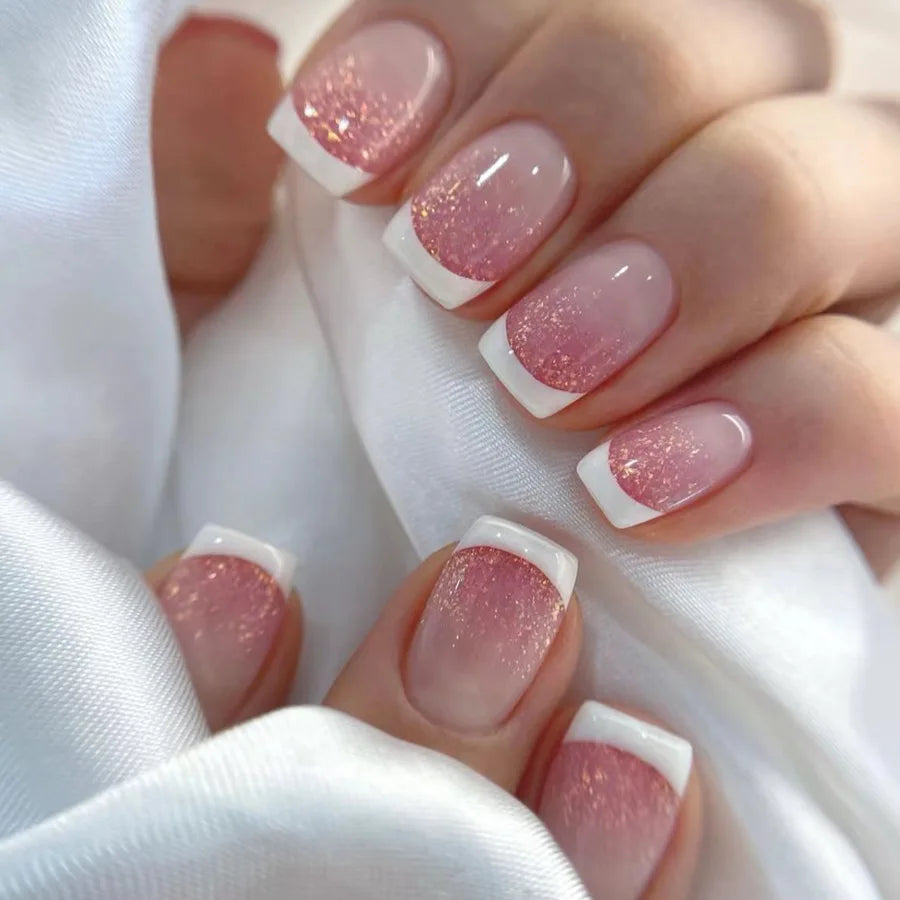 24pcs Simple Square Jelly Glue Gradient French Press on Fake False Nails Short Full Cover Nail Tips