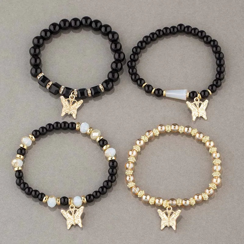 4pcs Trendy Butterfly Beaded Acrylic Beads Bohemian Elastic Chain Gold Women Bracelet Set Bangle Set