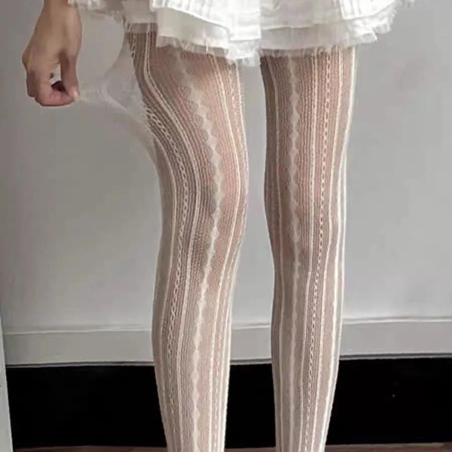 Sexy Stripes Lace Fishnet White Wine Red Gray Black Tights Thin Party Club Socks Pantyhose Stockings