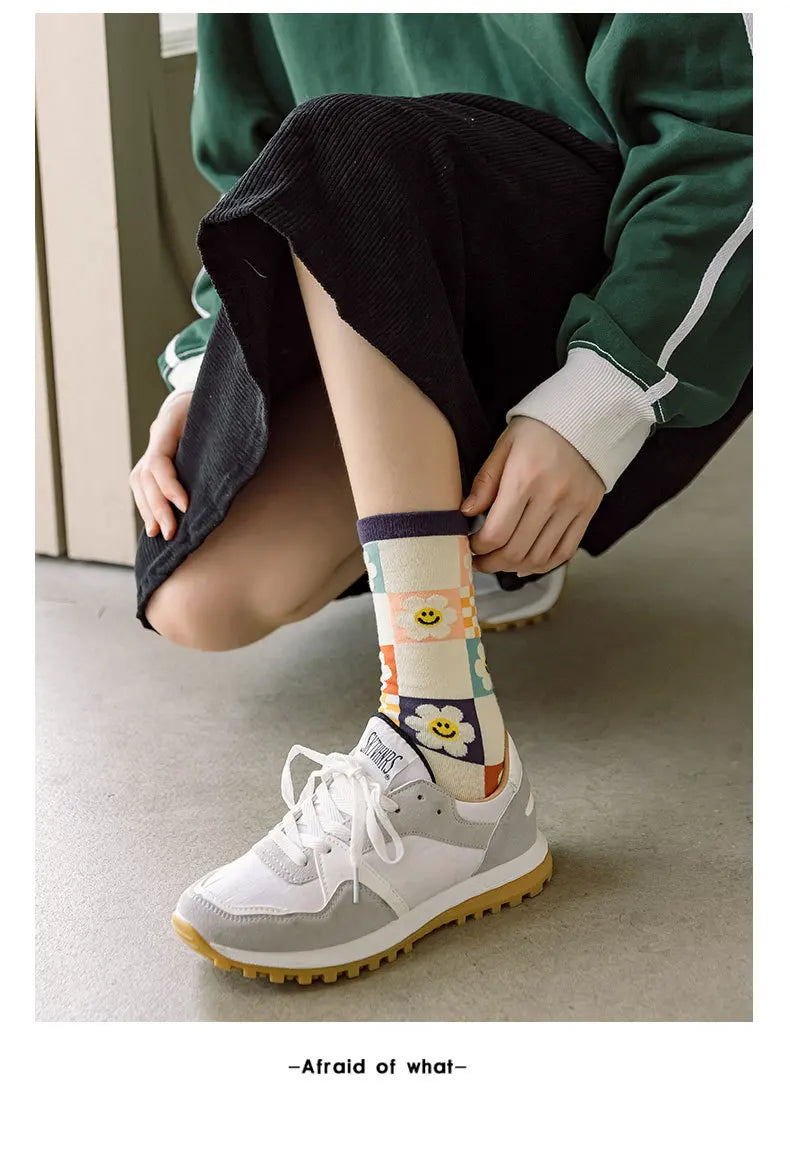 Designer Fashion Flowers Print Cute Breathable Korean Style Streetwear Winter Fall Women Long Socks