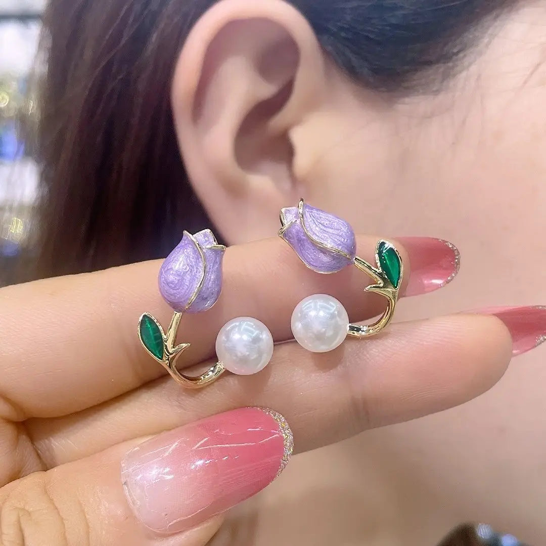 Sweet Fashion Enamel Pearl Tulip Flower Korean Zircon Back Hanging Gold Women Earrings Jewelry Gifts