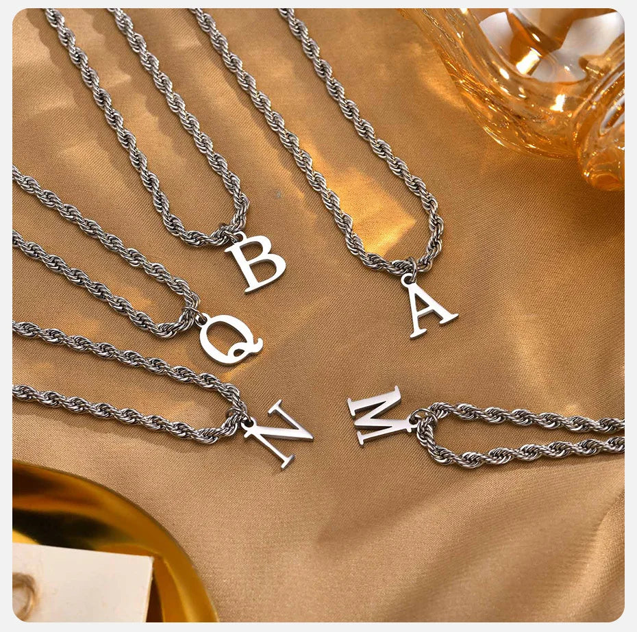 Initial A-Z Letters Alphabet Charm Pendant Twisted Rope Chain Unisex Gold Silver Women Men Necklaces