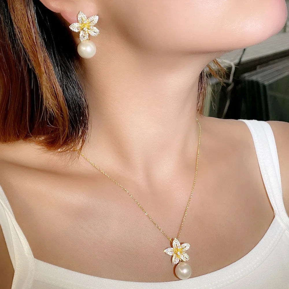 Pearl Flower Fairy Sweet Elegant Micro-Embedded Necklace Earrings Gold Silver Women Jewelry Set