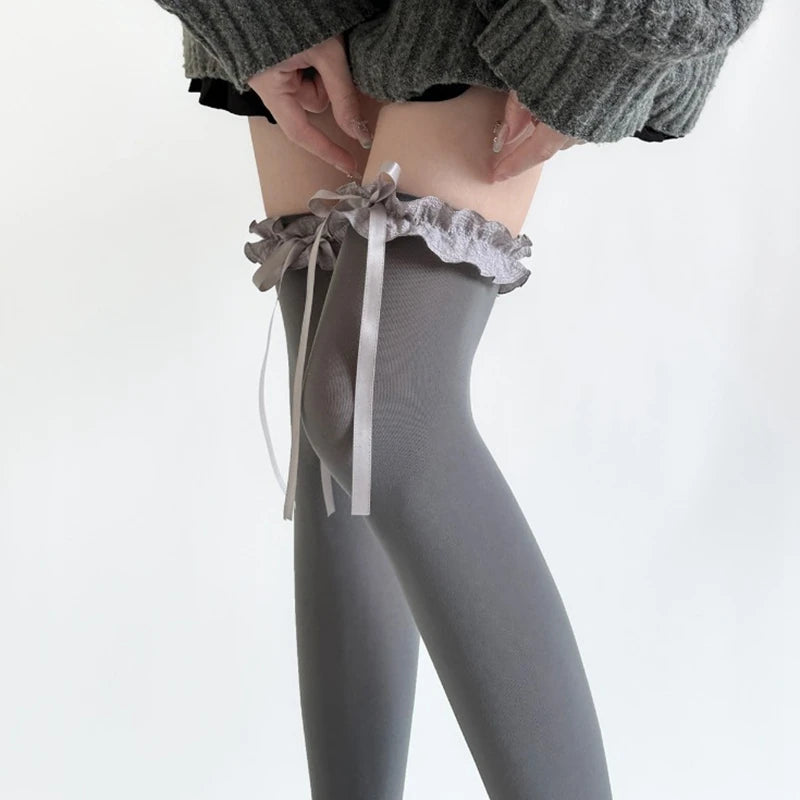 Lace Ruffle Long Sweet Lolita Lace Over The Knee Bowknot Hosiery Black White Women Socks Stockings