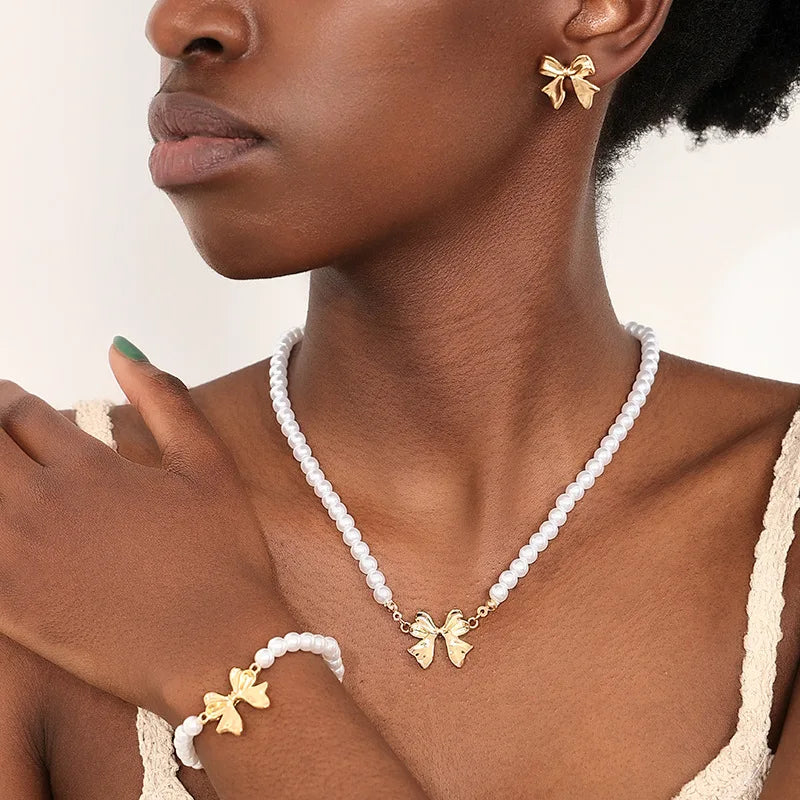 Chain Bowknot Imitation Pearl Fashion Classic Necklace Earrings Bracelet Gold Women Jewelry Set Gift