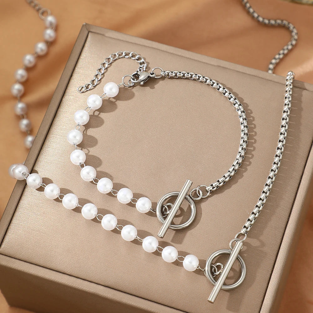 Trendy Elegant Design Splicing Pearl Chain Light Luxury Pendant Necklace Bracelet Women Jewelry Set