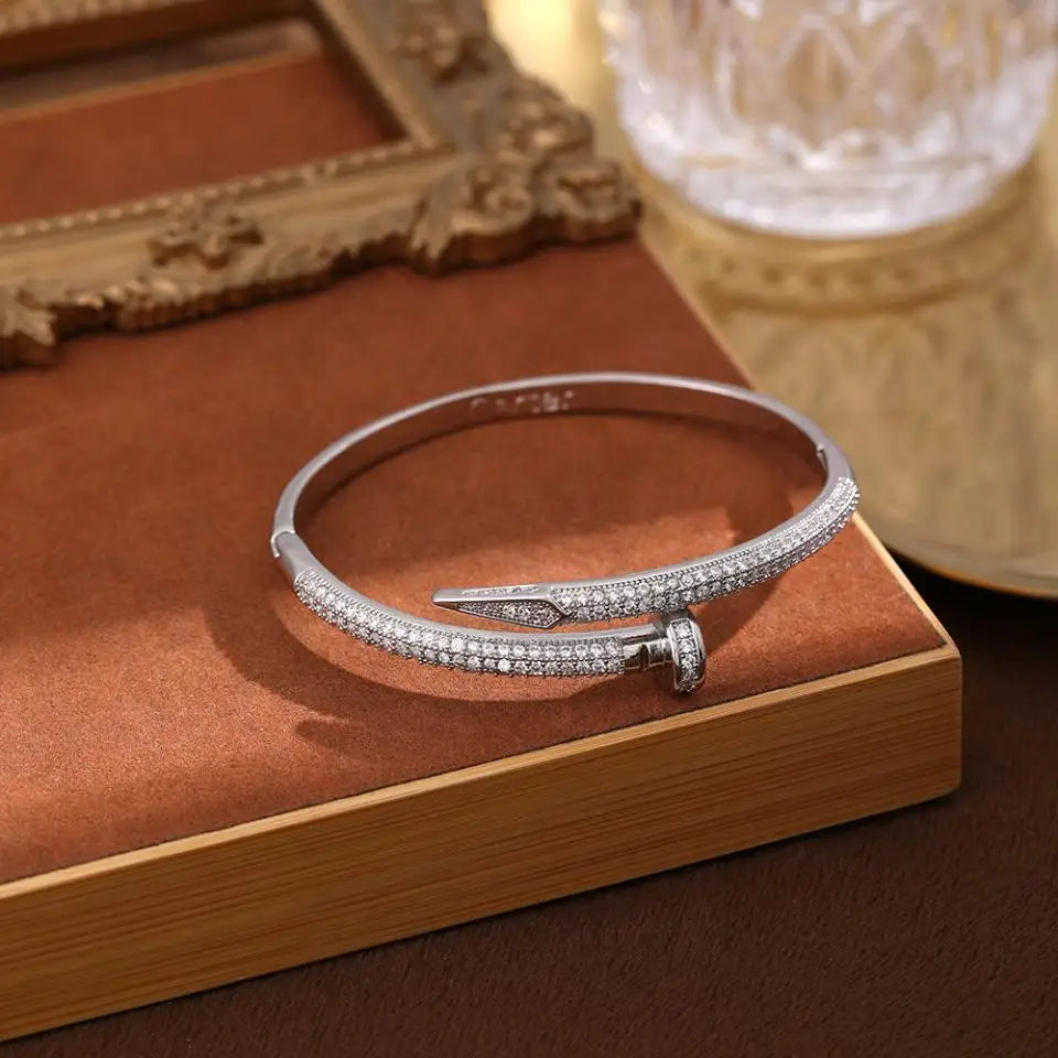 New Zircon Nail Open Fashion Crystal Inlaid Adjustable Silver Gold Women Bracelet Bangle Jewelry