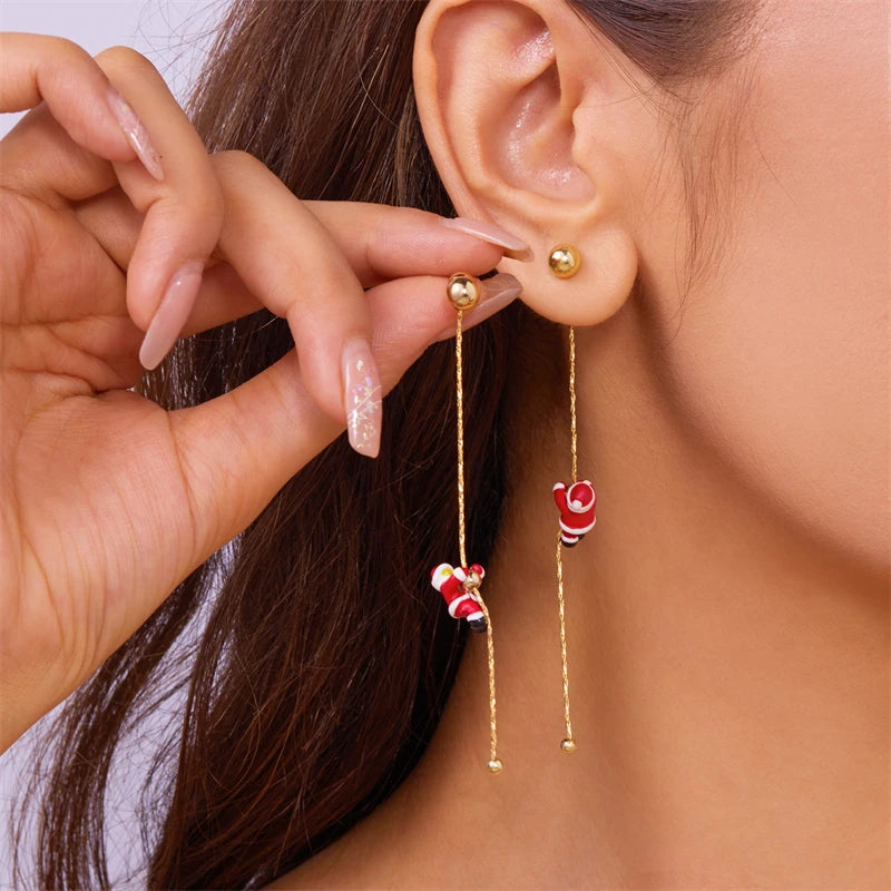 Asymmetric Snowflake Christmas Boot Hat Moving Santa Claus Long Tassel Gold Women Drop Earrings Gift