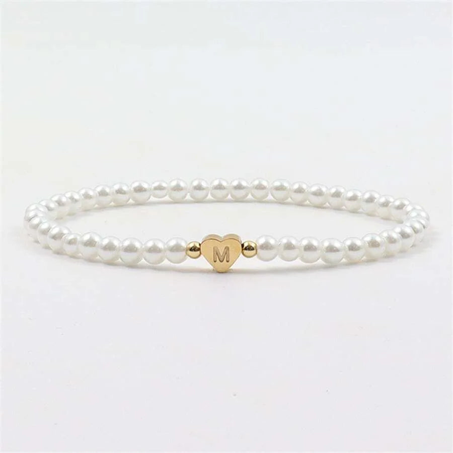 26 Letters A-Z Initial Faux Pearl Gold Fashion Women Link Bracelet Wristband Bangle Jewelry Gift