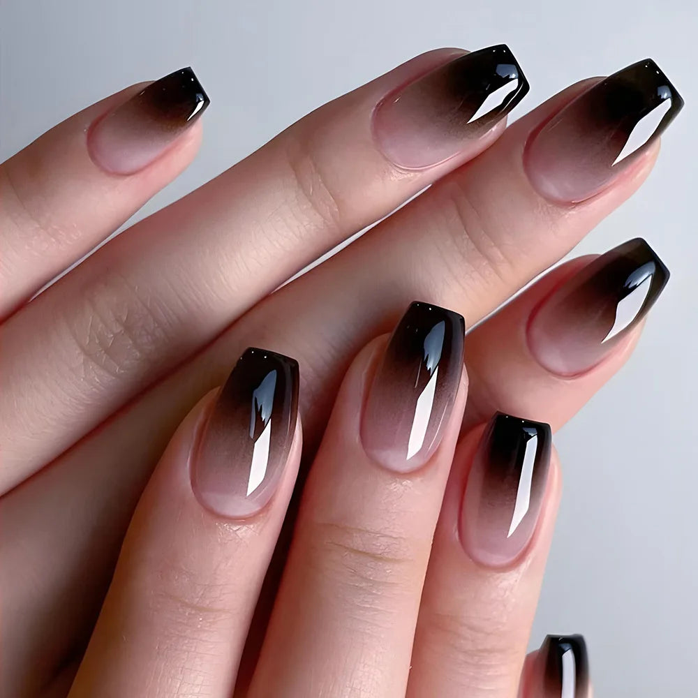 24pcs Simple Square Jelly Glue Gradient French Press on Fake False Nails Short Full Cover Nail Tips