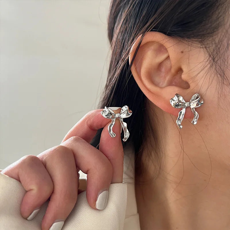 Design Sweet Cool Gold Silver Bow Knot Earrings Women Simple Elegant Jewelry Fall Christmas Gifts