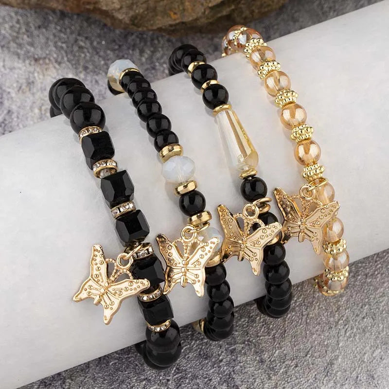 4pcs Trendy Butterfly Beaded Acrylic Beads Bohemian Elastic Chain Gold Women Bracelet Set Bangle Set