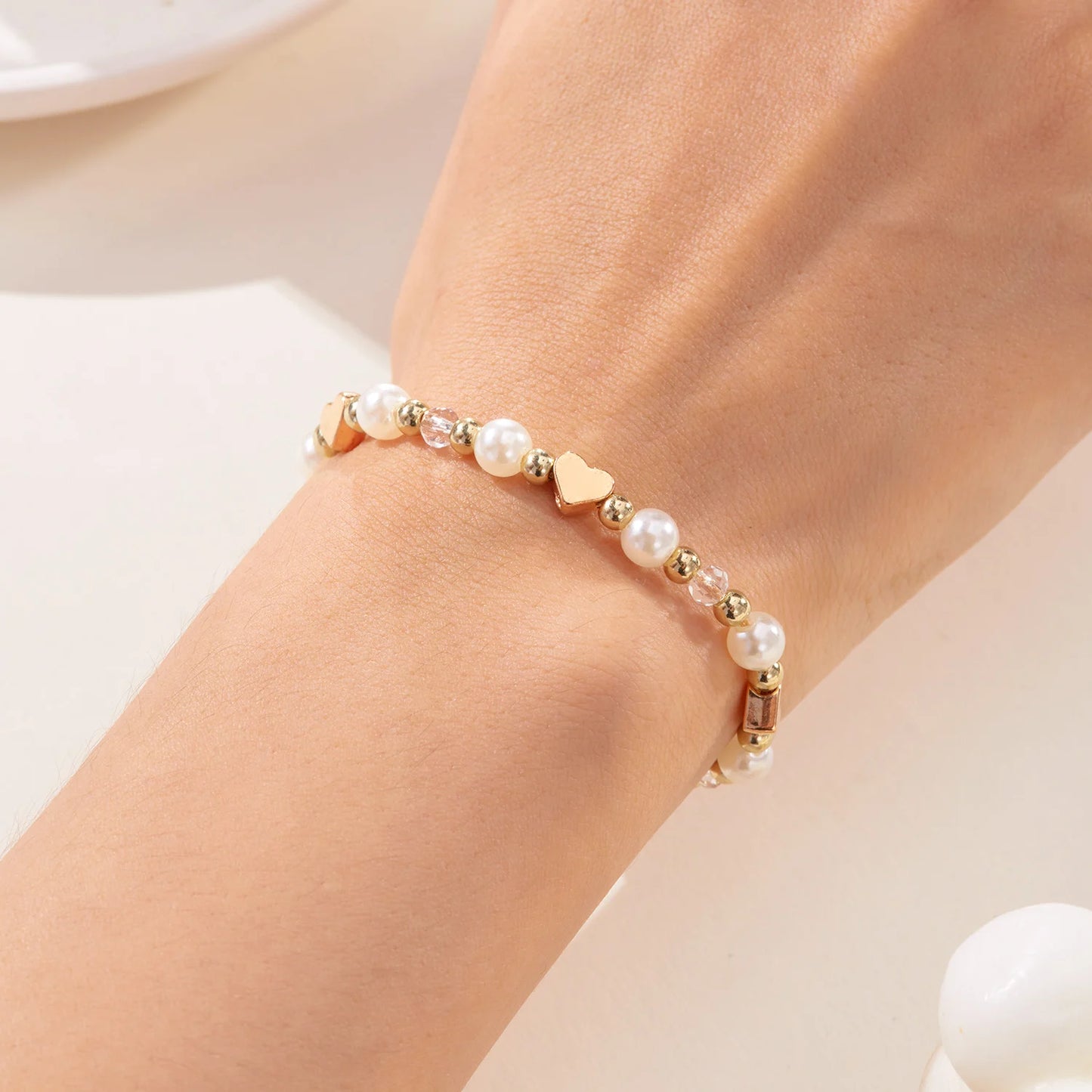 Classic Handmade White Beaded Cross Heart Star Fashion Simple Versatile Gold Women Bracelet Jewelry