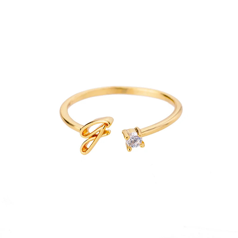 A-Z Initial Open Adjustable Wedding Trendy Crystal Zircon Gold Couple Women Rings Jewelry Gift