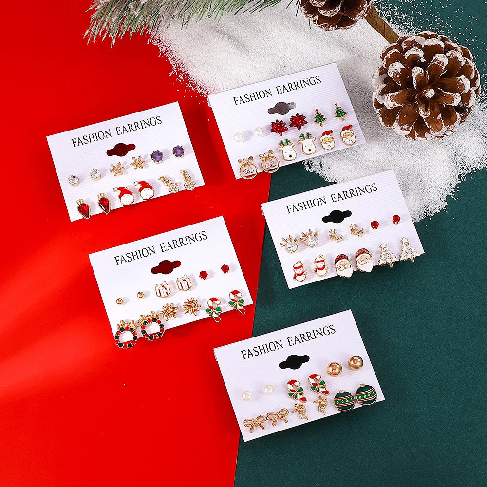 6 pairs Christmas Xmas Tree Elk Snowman Santa Claus Cute Stud Women Girls Kids Earrings Set Gifts