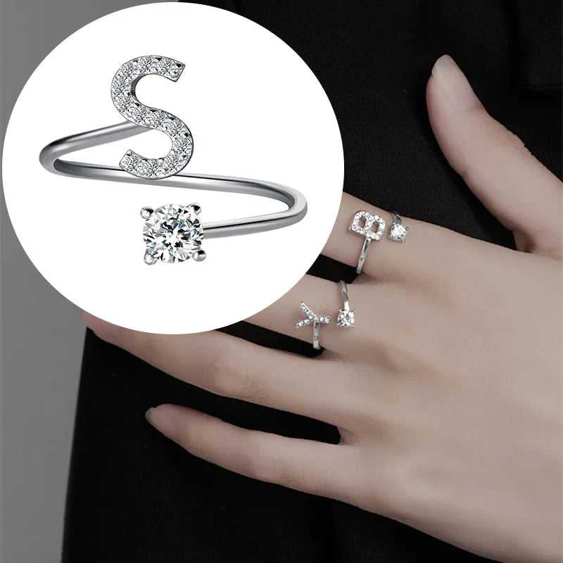 Zircon Initial A-Z Letter Name Alphabet Women Female Metal Adjustable Opening Rings Wedding Gift
