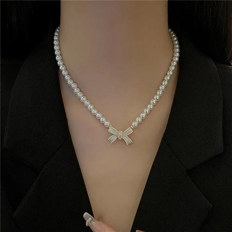 Aesthetic Pearl Bead Butterfly Bow Korean Fashion Planet Heart Pendant Women Necklace Choker Jewelry
