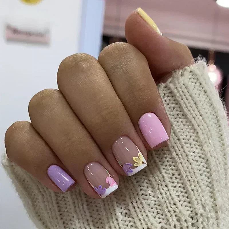 24Pcs Short Square Coffin French Glitter Acrylic Fake Nails Tip with Glue Women Press on Nails Gift