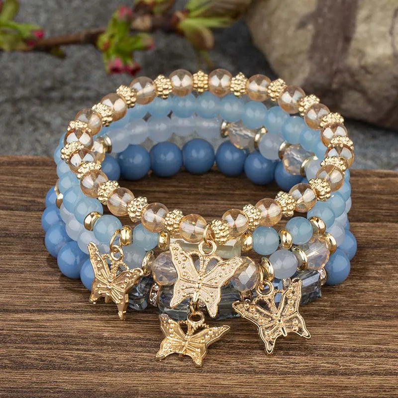 4pcs Trendy Butterfly Beaded Acrylic Beads Bohemian Elastic Chain Gold Women Bracelet Set Bangle Set