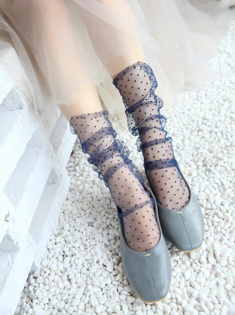 Sexy Dot Lace Transparent Mesh Ankle Ultra-Thin Princess Tulle Black White Grey Girls Women Socks
