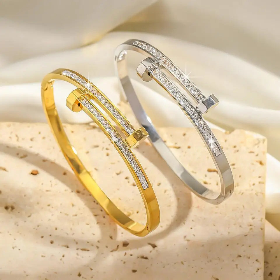 New Zircon Nail Open Fashion Crystal Inlaid Adjustable Silver Gold Women Bracelet Bangle Jewelry