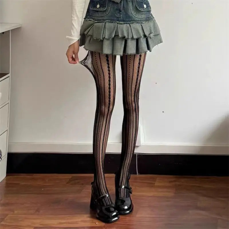 Sexy Stripes Lace Fishnet White Wine Red Gray Black Tights Thin Party Club Socks Pantyhose Stockings