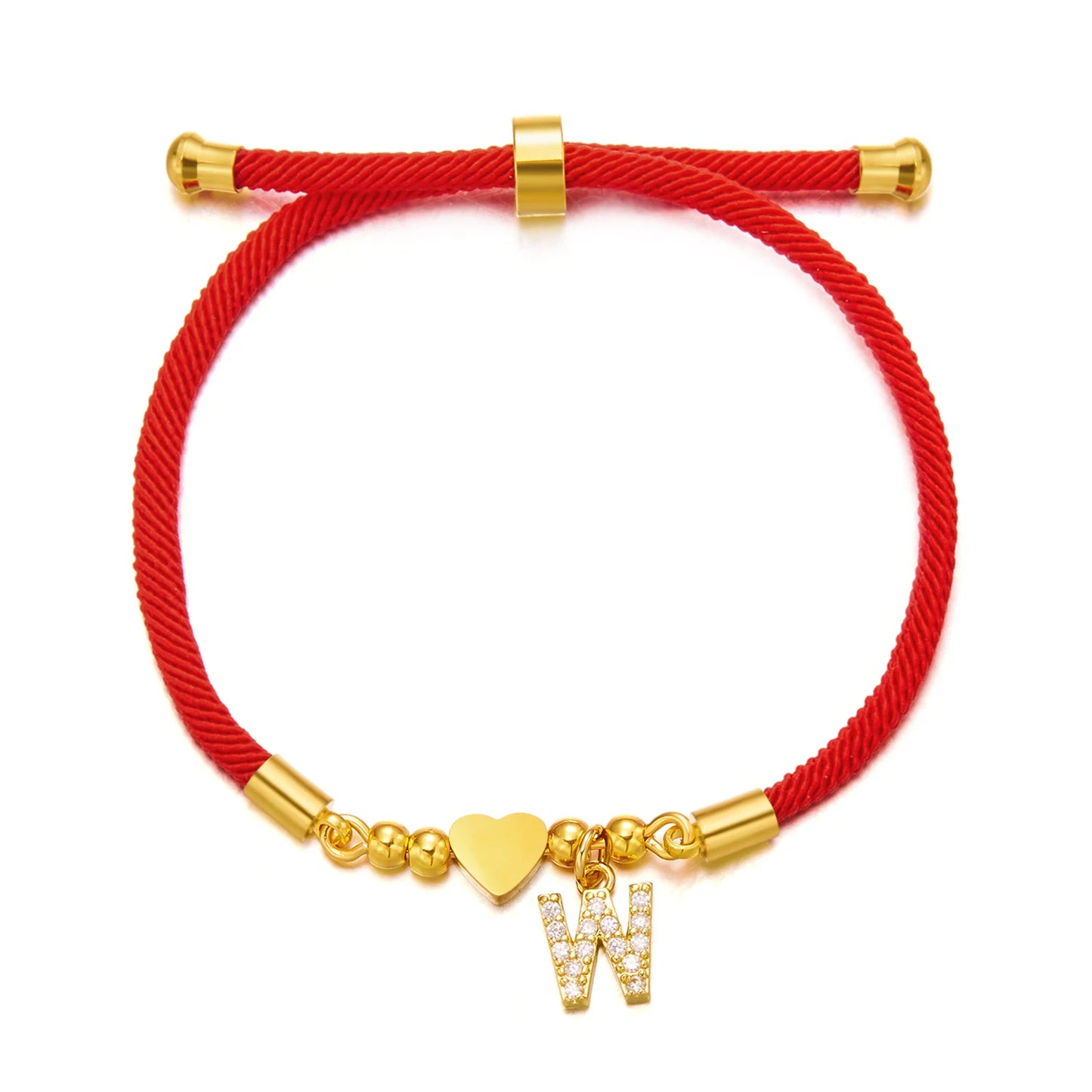 Gold Crystal Zircon A-Z Heart Initial Letter Charm Lucky Red Adjustable Rope Women Bracelet Jewelry