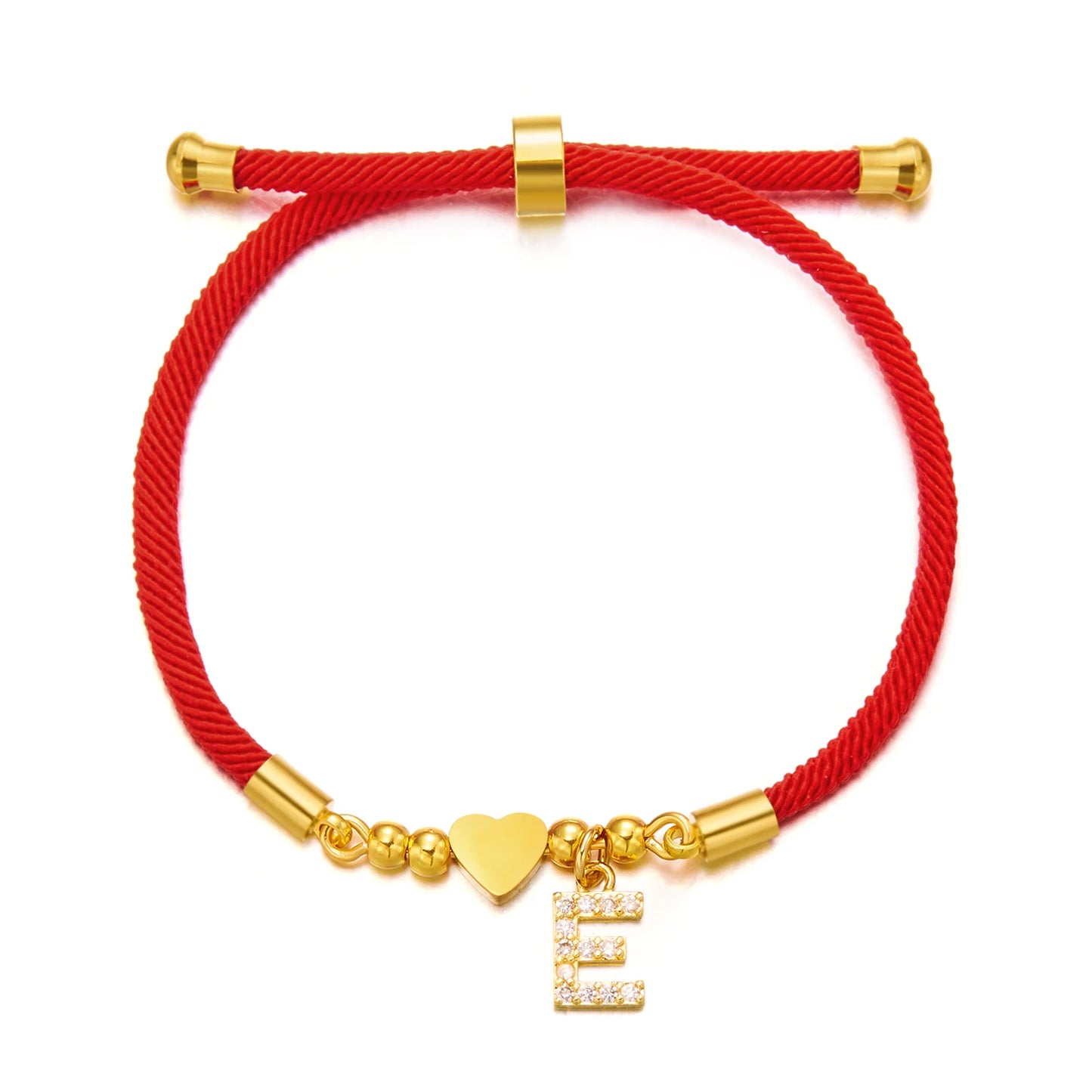 Gold Crystal Zircon A-Z Heart Initial Letter Charm Lucky Red Adjustable Rope Women Bracelet Jewelry