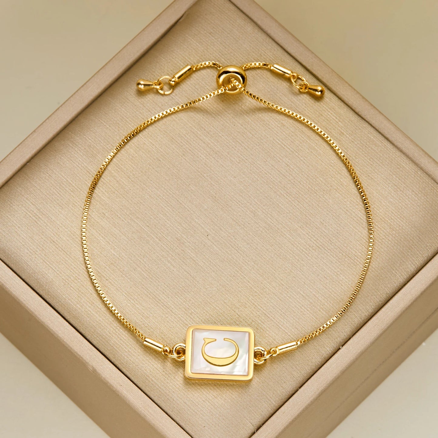 Luminous Square White Shell 26 Alphabet A-Z Initials Letters Adjustable Chain Gold Women Bracelet