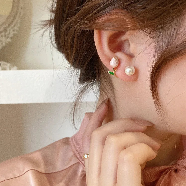 Sweet Fashion Enamel Pearl Tulip Flower Korean Zircon Back Hanging Gold Women Earrings Jewelry Gifts