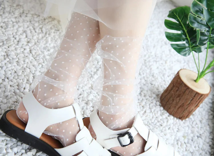 Sexy Dot Lace Transparent Mesh Ankle Ultra-Thin Princess Tulle Black White Grey Girls Women Socks