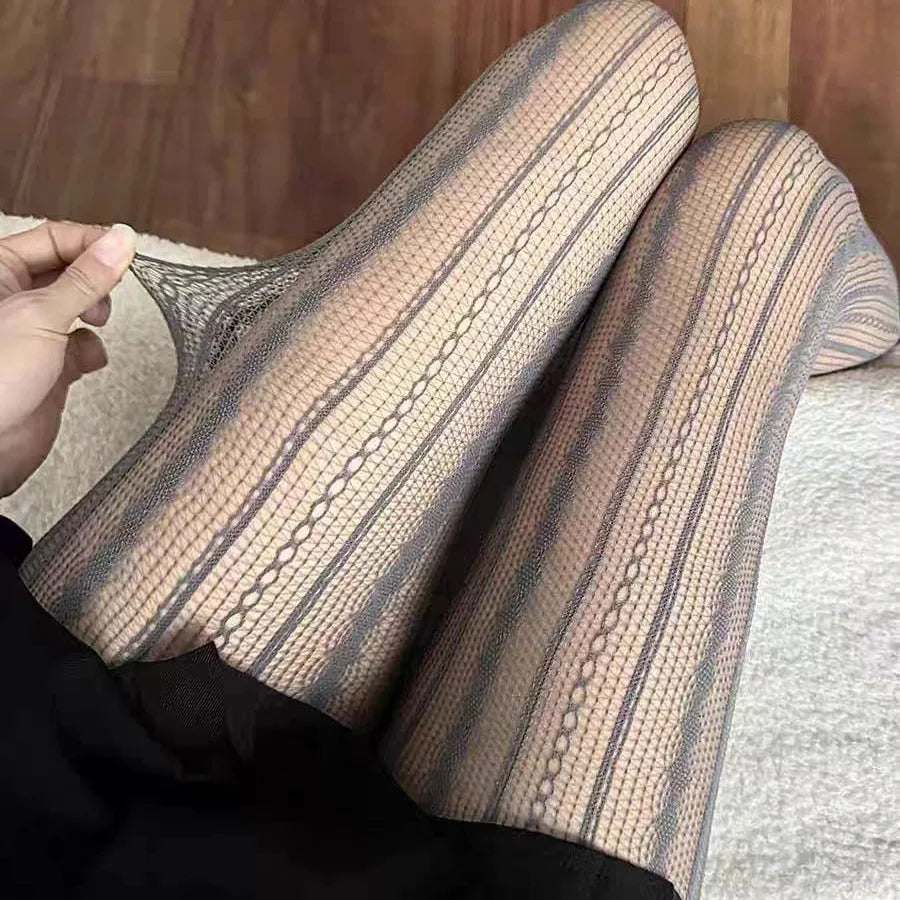 Sexy Stripes Lace Fishnet White Wine Red Gray Black Tights Thin Party Club Socks Pantyhose Stockings